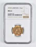 MS61 1910 Great Britain 1 Sovereign Gold Coin NGC