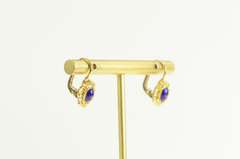 18K Yellow Gold Domed Blue Red Enamel Scalloped Trim Dangle Earrings