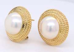Powerful Yellow Gold 13.5mm Mabe Pearl Twisted Rope Earrings