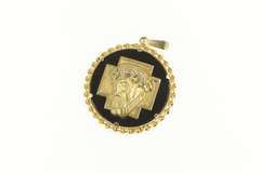 14K Yellow Gold Jesus Crown of Thorns Onyx Diamond Christian Pendant