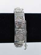 Vintage 925 Silver Panel Link Bracelet With Chinese Symbols, Box Clasp, Safety Chain, and Two Little Charms