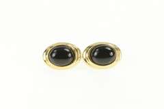 14K Yellow Gold Oval Black Onyx Grooved Cabochon Stud Earrings