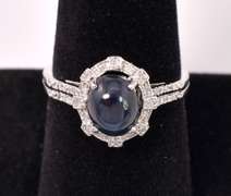 Dazzling Cabochon Sapphire and Diamond Ring in 14K White Gold