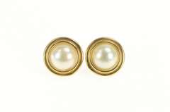 14K Yellow Gold Round Pearl Retro Grooved Statement Stud Earrings