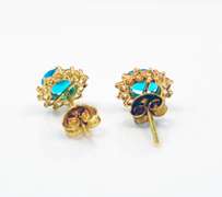 Vintage 14K Yellow Gold Stud Earrings With Oval Blue Topaz Stone and Diamond Accents