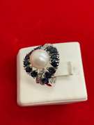 14k white gold diamond pearl and sapphire ring