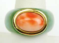 14K Jade & Coral Ring, Size 9