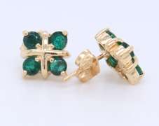 Nice Yellow Gold 4 Stone Emerald Stud Earrings