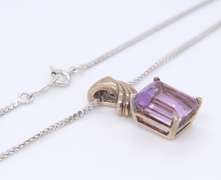 Vintage 925 Sterling Silver Emerald Cut Amethyst Pendant on Chain