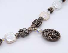 Vintage 925 Sterling Silver Pendant on adjustable Pearl and Crystal Beaded Chain Necklace
