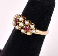 Petite Red Stone and Pearl Ring in Yellow Gold