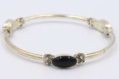 Vintage 925 Sterling Silver Signed Black Onyx Bangle