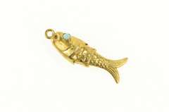 14K Yellow Gold 1940s Turquoise Eyed Articulated Fish 3D Charm/Pendant