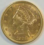 Vibrant BU 1908 US $5 Liberty Gold Piece. Full strike