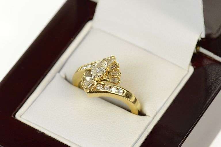 14K Yellow Gold 0.54 Ctw Marquise Diamond Halo Engagement Ring