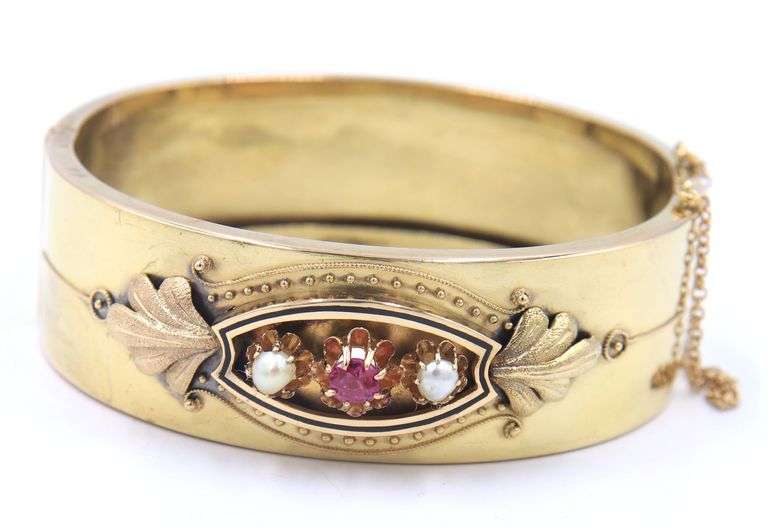 Antique Pearl, Ruby and Enamel Bangle in Yellow Gold