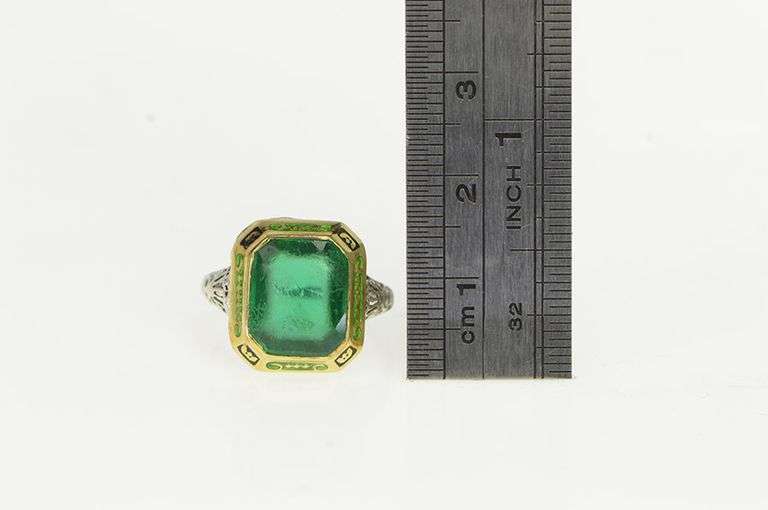 14K White Gold Art Deco Sim. Emerald Filigree Enamel Ring