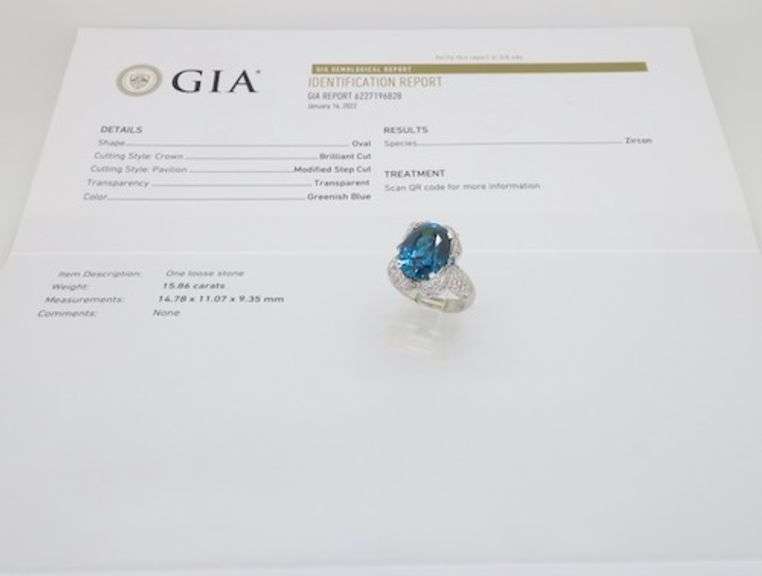 Incredible 15.86ct Blue Zircon set into an 18k White Gold Diamond Ring