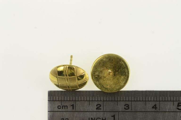 14K Yellow Gold Retro Domed Checkered Button Stud Earrings