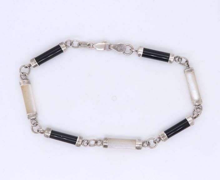 Vintage 925 Sterling Silver Black Onyx and Opal Link Bracelet