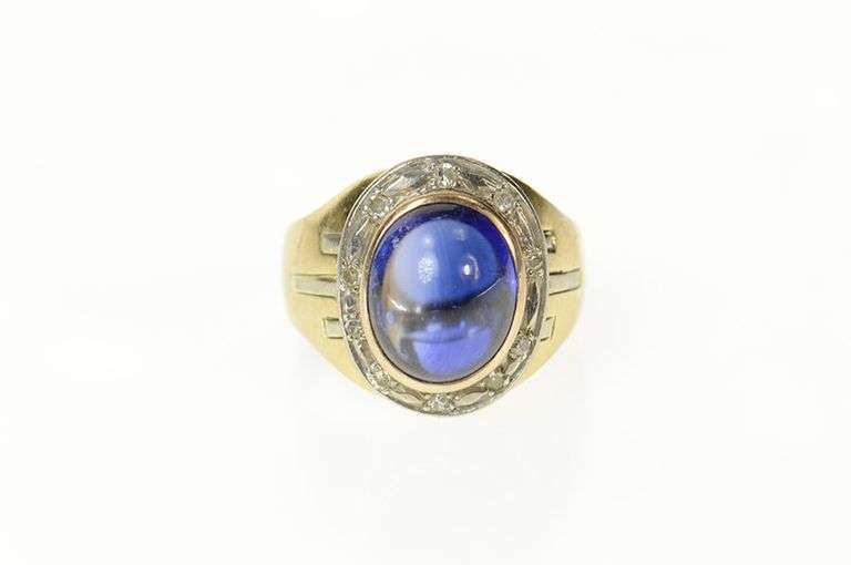 10K Yellow Gold 6.75 Ctw Oval Sapphire Diamond Halo Retro Ring