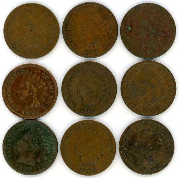 Run of 9 Different Indian Head Cents: 1881-1889