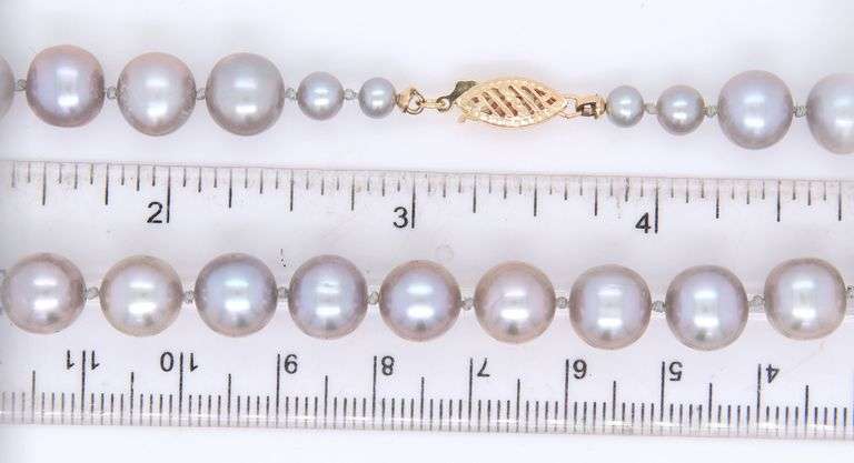 8.5mm Grey pearl strand necklace in yellow gold clasp