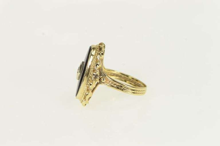 14K Yellow Gold Ornate Oval Black Onyx Diamond Ring