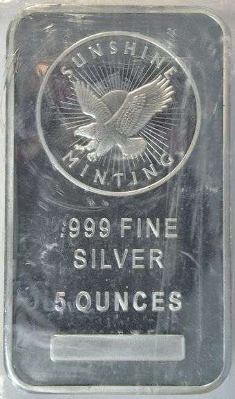 Lovely Sunshine Mining 5 Troy Oz pure .999 fine silver bar in plastic