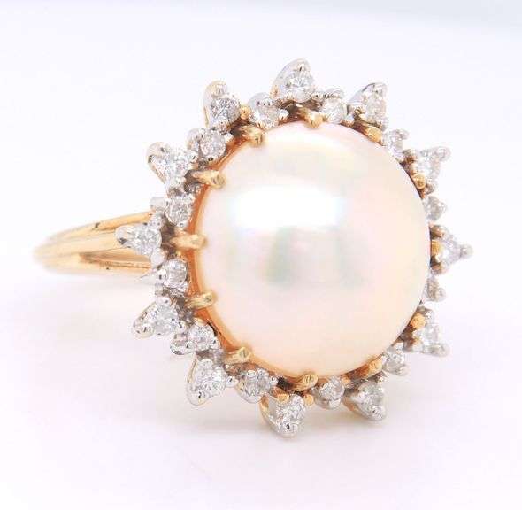 Powerful Mabe Pearl and Diamond Halo Ring in Yellow Gold