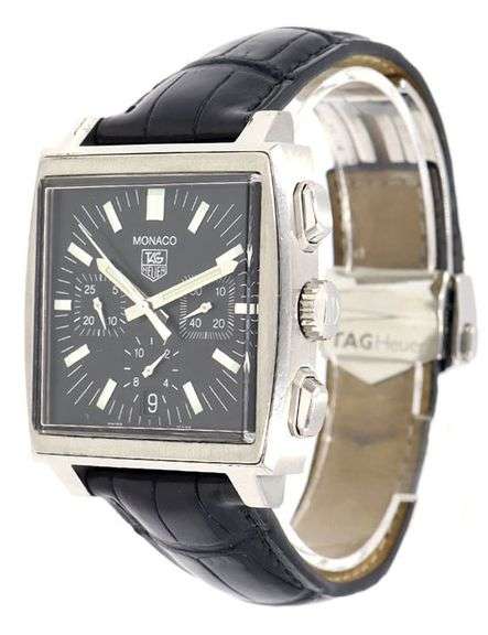 Tag Heuer Monaco cw2111, 38mm, Black Chronograph Dial, Stainless Steel W/ Box