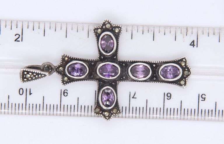Vintage 925 Sterling Silver Amethyst Cross Pendant