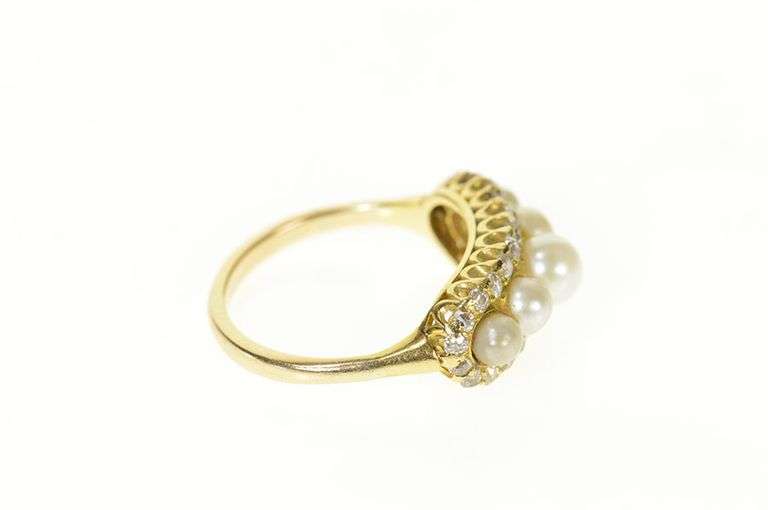 14K Yellow Gold 0.46 Ctw Art Deco Pearl Diamond Halo Ring
