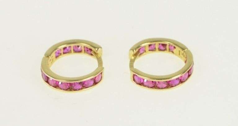 14K Yellow Gold 11.9mm Syn. Ruby Huggies Hoop Earrings