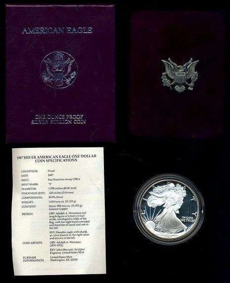 3 Diff. Gem Proof $1 Silver Eagles: 1987, 1988, & 1989. Box/COA