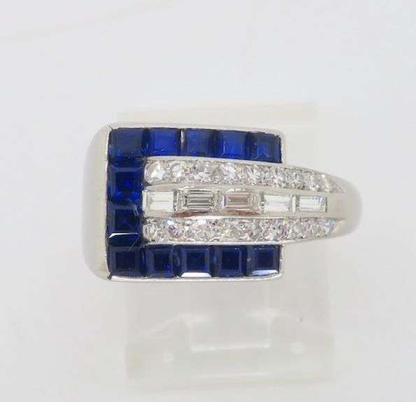 Blue Sapphire & Diamond Buckle Style Ring in Platinum