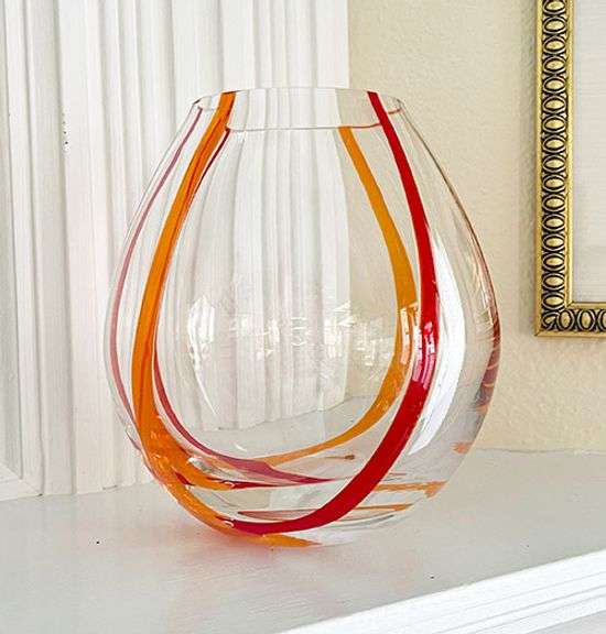 Hand Blown Clear Art Glass  Vase With Orange and Red Optic Swirls