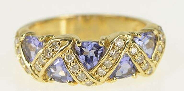 14K Yellow Gold Tanzanite Diamond Zig Zag Band Ring
