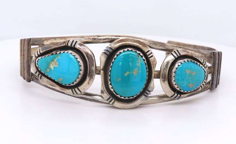 Vintage 925 sterling silver signed turquoise cuff bangle bracelet