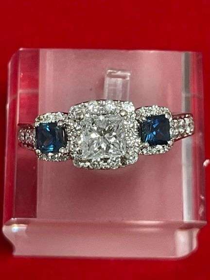 CERTIFIED 14K HITE GOLD DIAMOND AND SAPPHIRE RING