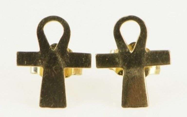 14K Yellow Gold Ankh Egyptian Symbol of Life Stud Earrings