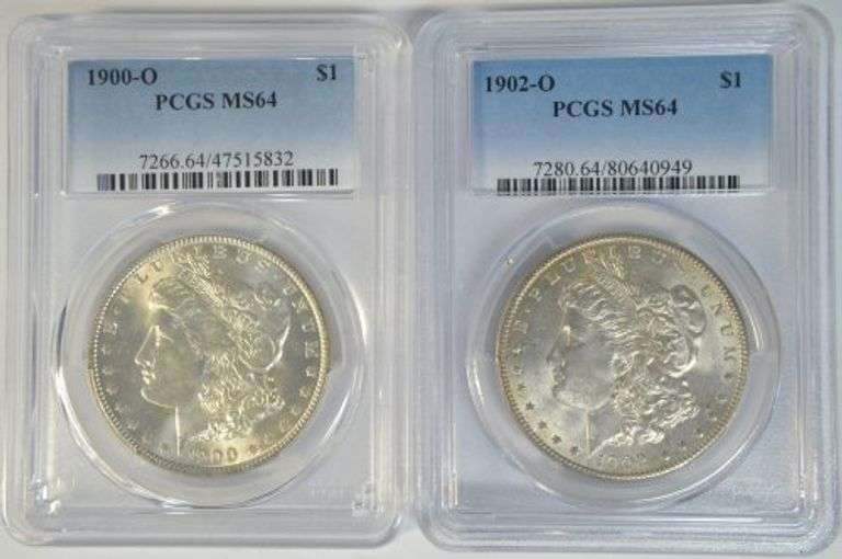 Near Gem BU 1900-O & 1902-O Morgan Silver Dollars. PCGS MS64