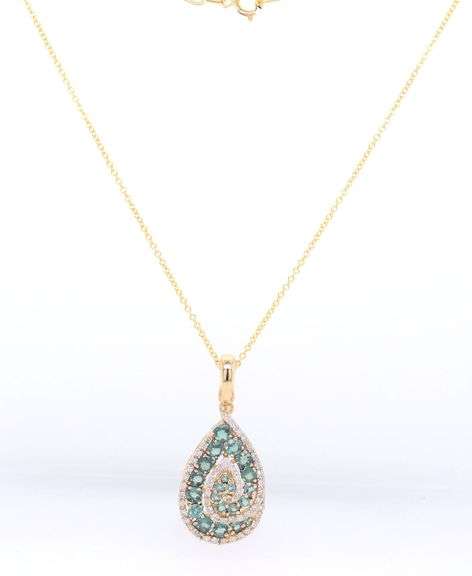 14kt Yellow gold Spinel and diamond swirl teardrop pendant on chain necklace