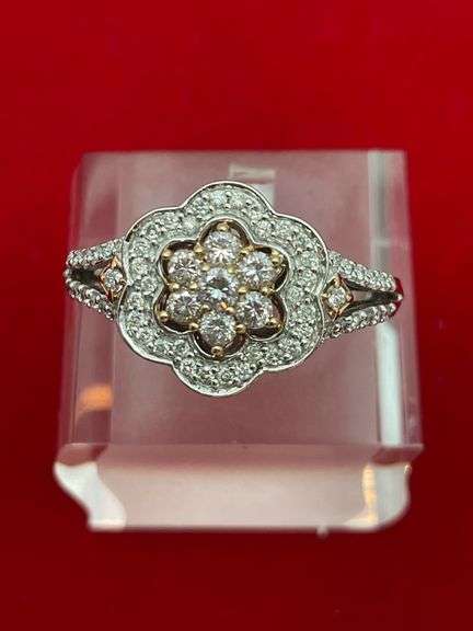 CERTIFIED 14K WHITE GOLD RING WITH WHITE AND PINK DIAMONDS