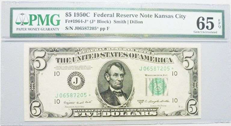 Gem Crisp 1950C $5 Star Note K.C. PMG 65 EPQ!