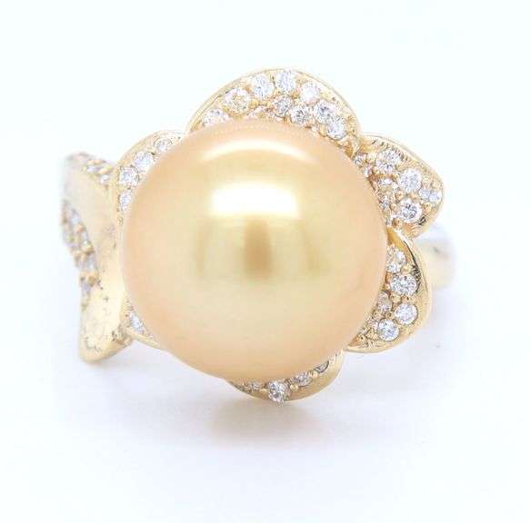 Divine Yellow Gold 12.5mm Golden South Sea Pearl and Diamond Ring