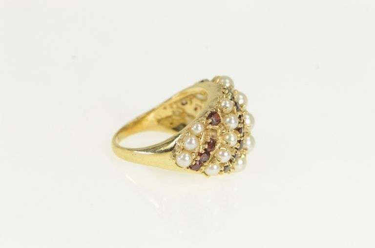 14K Yellow Gold Pearl Garnet Domed Striped Statement Ring