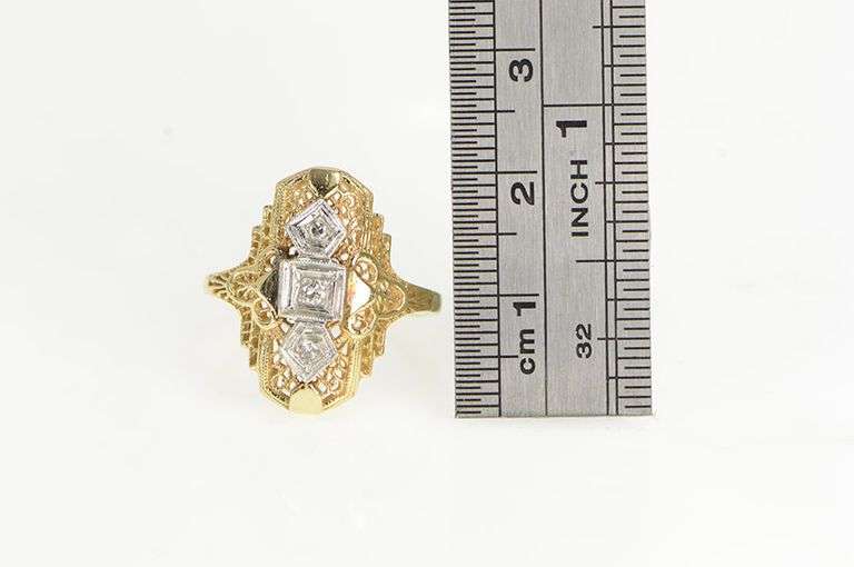 14K Yellow Gold Art Deco Filigree Diamond Statement Ring