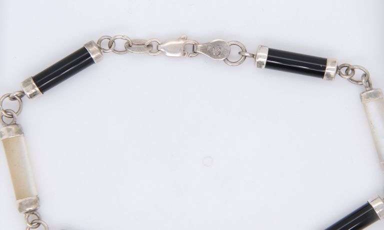 Vintage 925 Sterling Silver Black Onyx and Opal Link Bracelet