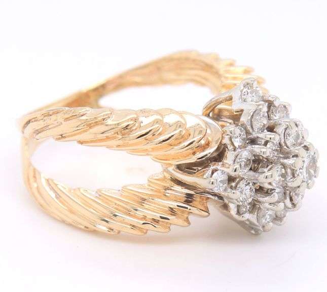 14kt two tone gold diamond cluster halo ring